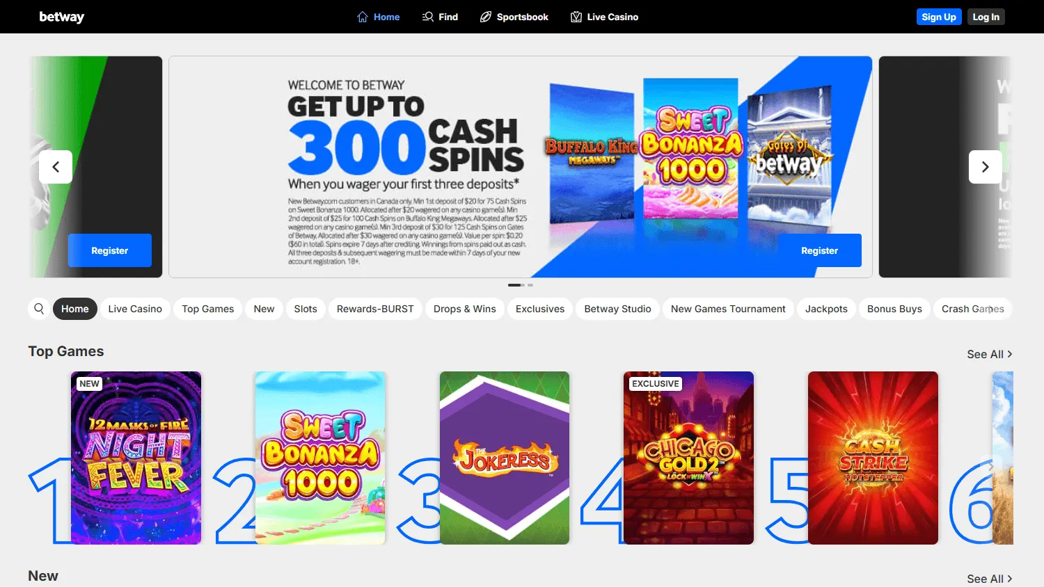 Betway Casino games area on desktop