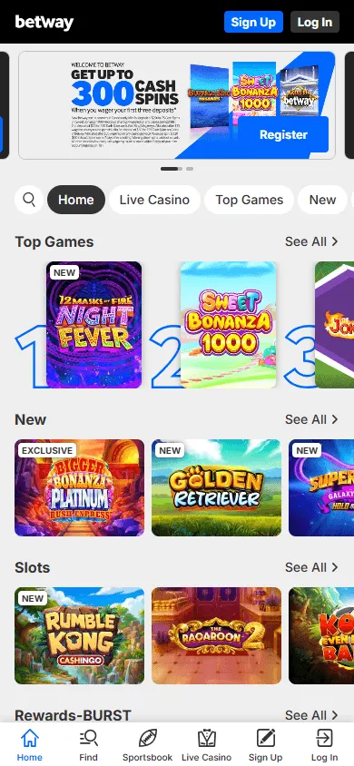Betway Casino games area on mobile
